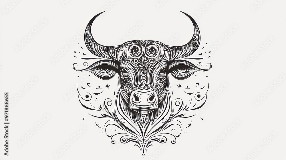 Ornate Bull Head with Floral Design Black and White Illustration Ornate Bull Head with Floral Design Black and White Illustration