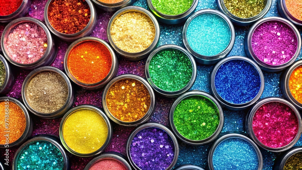 Close-up of vibrant multicolored eyeshadows with glitter border Close-up of vibrant multicolored eyeshadows with glitter border