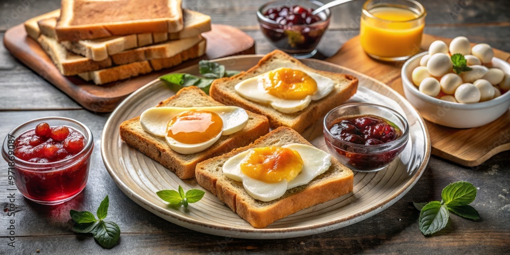 Savory and sweet treats unite on a plate as sliced toast is topped with a colorful array of Savory and sweet treats unite on a plate as sliced toast is topped with a colorful array of