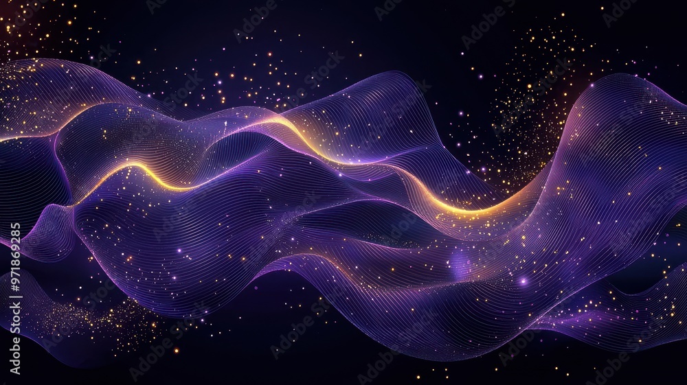 Obraz premium A mesmerizing abstract wave design with purple hues and golden sparkles perfect for backgrounds or creative projects.