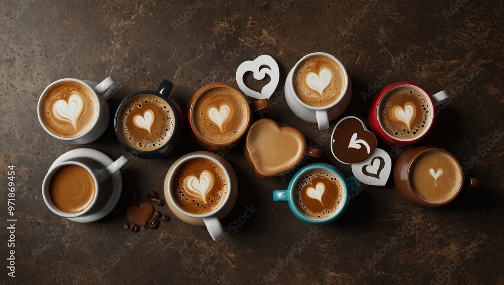 Diverse assortment of coffee mugs with beautiful latte art hearts. Diverse assortment of coffee mugs with beautiful latte art hearts.