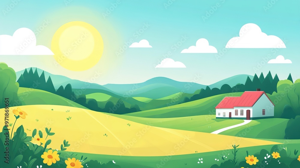 Fototapeta premium A Sunny Day in a Rolling Green Hills Landscape with a House and Flowers
