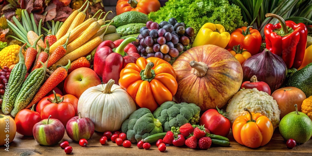 A diverse assortment of fresh autumn fruits and vegetables perfect for vegetarian and healthy diets A diverse assortment of fresh autumn fruits and vegetables perfect for vegetarian and healthy diets