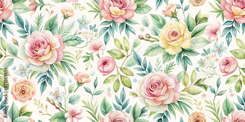 Seamless watercolor pattern with pastel floral elements, flowers, and leaves