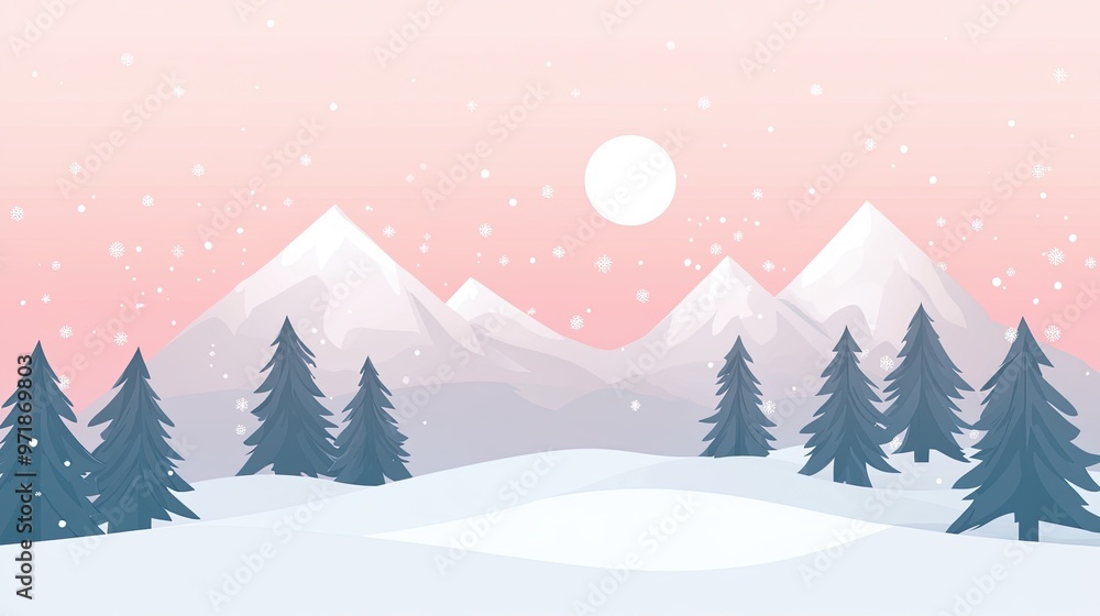 Naklejka premium A Snowy Mountain Landscape with Pine Trees and a Pink Sky