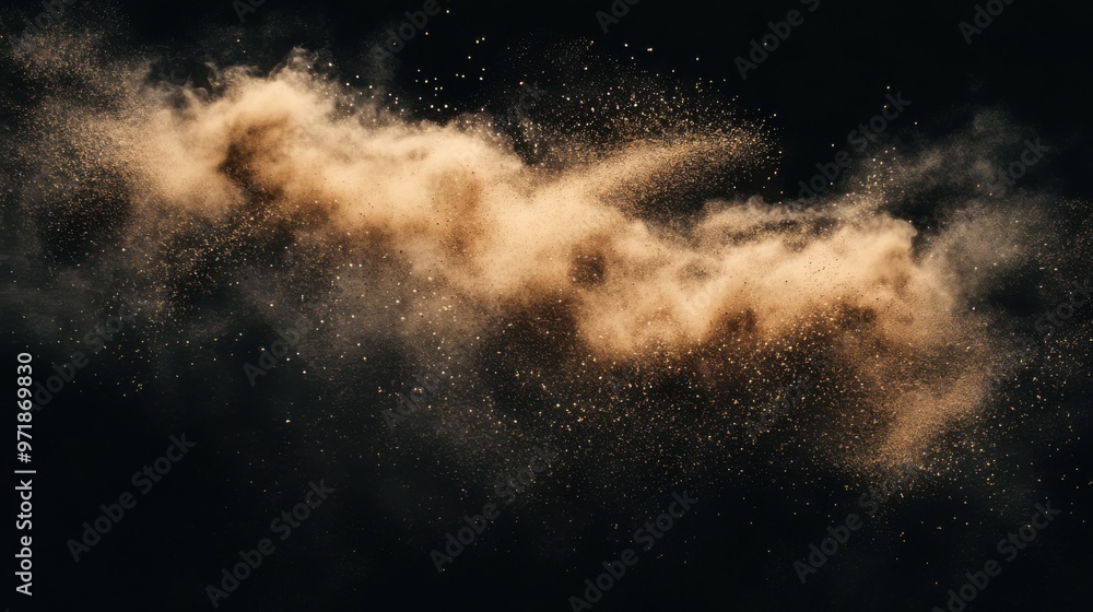 Dynamic Digital Art of a Dust Cloud with Sand Particles on Black Background – Evoking an Underwater Explosion Effect Dynamic Digital Art of a Dust Cloud with Sand Particles on Black Background – Evoking an Underwater Explosion Effect