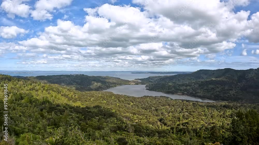 Nihotupu Lookout: Panoramic Views of Lower Nihotupu Reservoir and the Lush Waitakere Ranges Bushland, Rural Auckland Landscape Nihotupu Lookout: Panoramic Views of Lower Nihotupu Reservoir and the Lush Waitakere Ranges Bushland, Rural Auckland Landscape