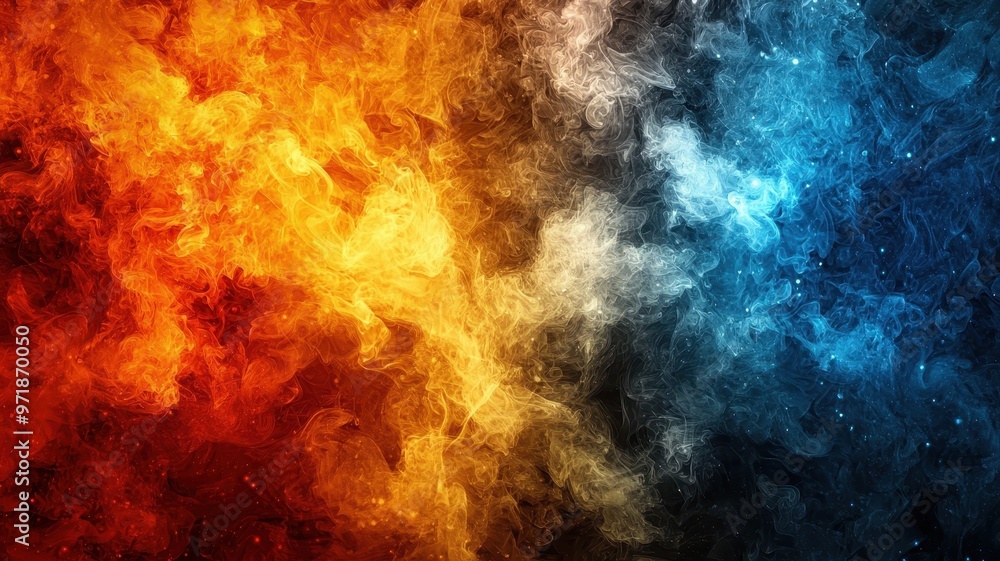 Vibrant abstract depiction of fire and ice contrasting through swirling smoke and color, evoking intense emotion and energy. Vibrant abstract depiction of fire and ice contrasting through swirling smoke and color, evoking intense emotion and energy.