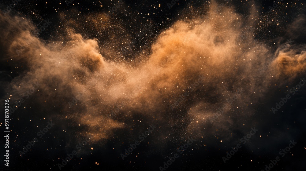 Dynamic Digital Art of a Dust Cloud with Sand Particles on Black Background – Evoking an Underwater Explosion Effect Dynamic Digital Art of a Dust Cloud with Sand Particles on Black Background – Evoking an Underwater Explosion Effect
