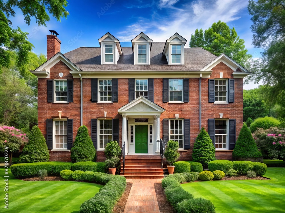 Charming traditional brick house with crisp white shutters and a welcoming front porch, surrounded by lush greenery and Charming traditional brick house with crisp white shutters and a welcoming front porch, surrounded by lush greenery and