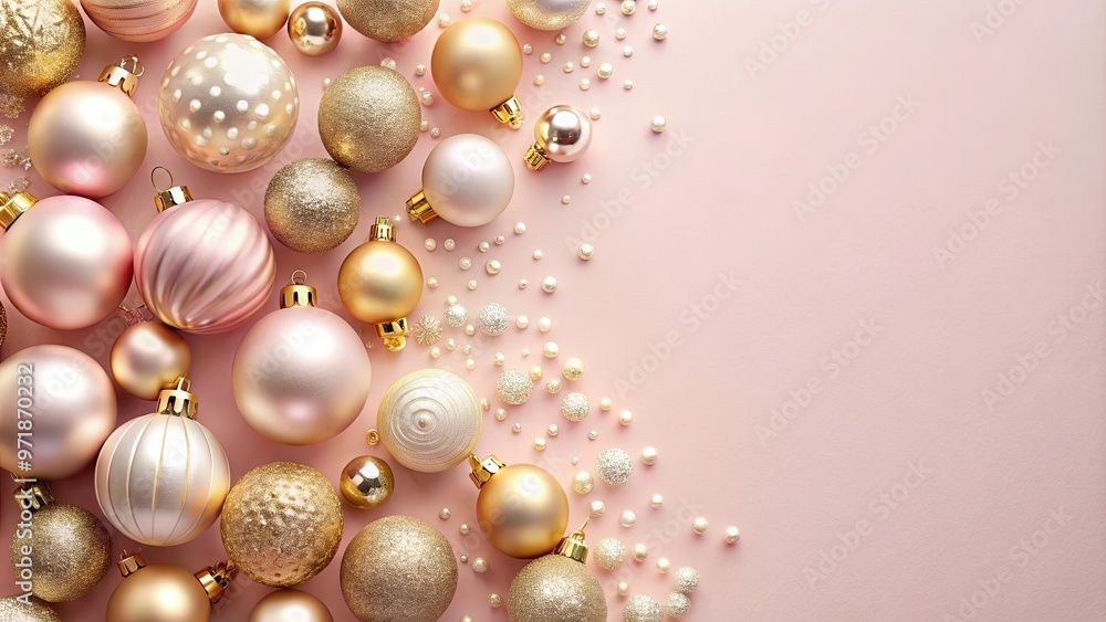 Pastel pink and gold background adorned with elegant baubels Pastel pink and gold background adorned with elegant baubels