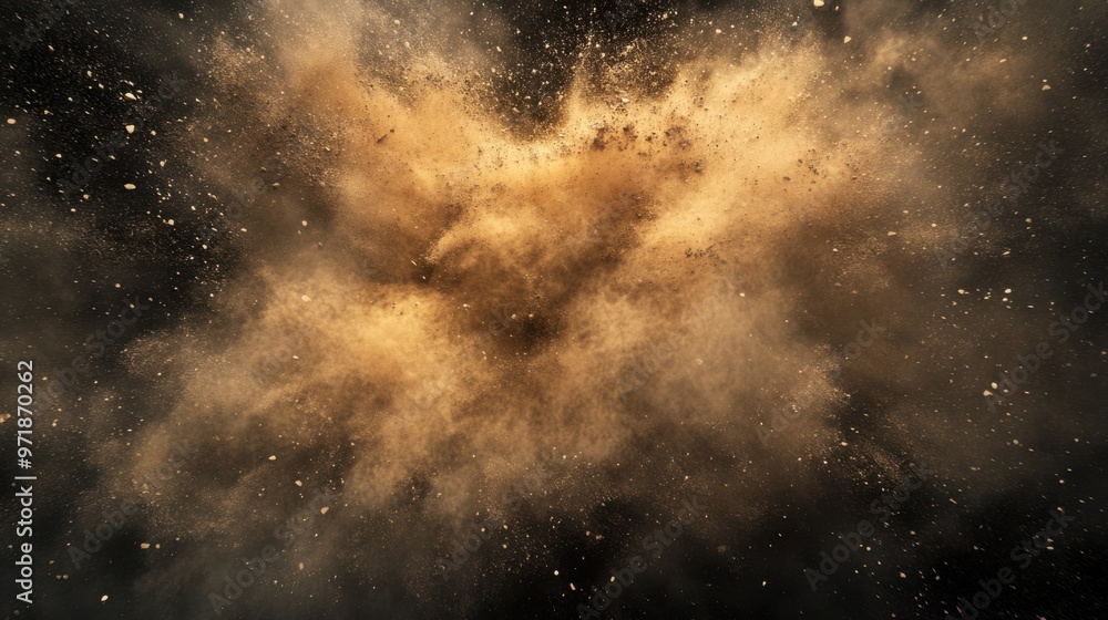 Dynamic Digital Art of a Dust Cloud with Sand Particles on Black Background – Evoking an Underwater Explosion Effect Dynamic Digital Art of a Dust Cloud with Sand Particles on Black Background – Evoking an Underwater Explosion Effect