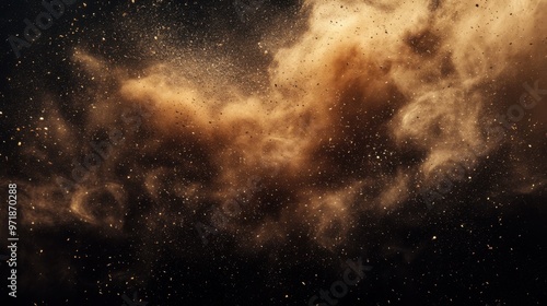 Dynamic Digital Art of a Dust Cloud with Sand Particles on Black Background – Evoking an Underwater Explosion Effect