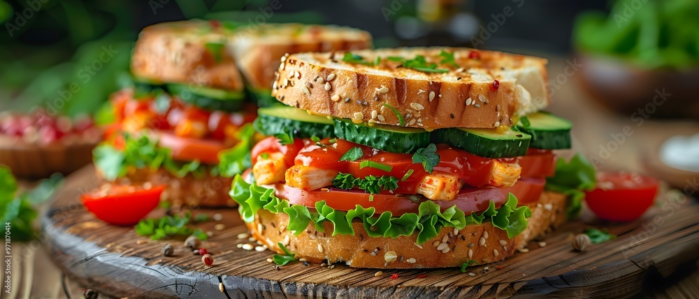 Avocado chicken sandwich on seeded bread. Avocado chicken sandwich on seeded bread.