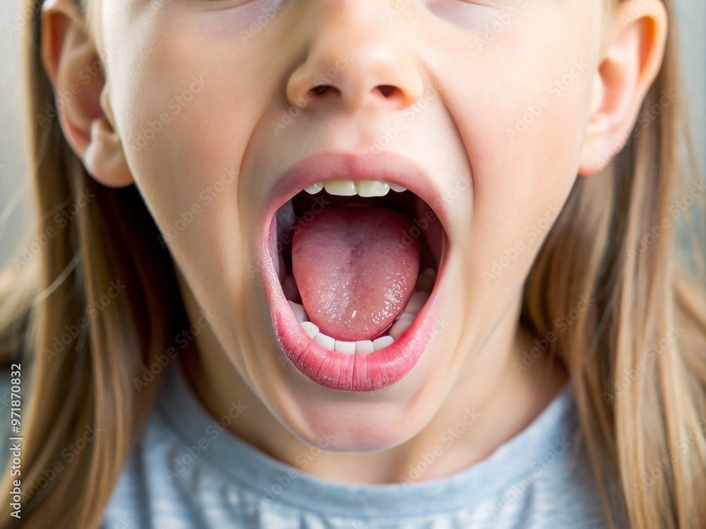 Close-up of a young girl's open mouth revealing her uvula, a small soft piece of tissue hanging from Close-up of a young girl's open mouth revealing her uvula, a small soft piece of tissue hanging from