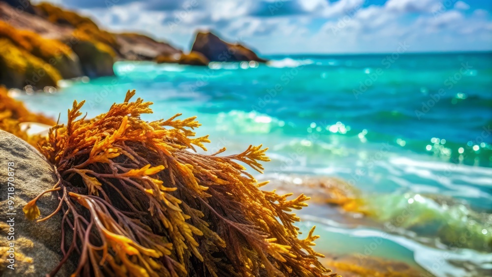 Close-up of brown algae growth on a rocky shoreline, with delicate fronds swaying in the ocean currents, against Close-up of brown algae growth on a rocky shoreline, with delicate fronds swaying in the ocean currents, against