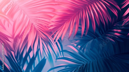 Abstract tropical leaves with neon color gradients.