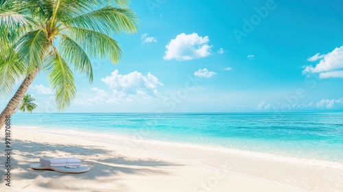 Tropical Beach with Palm Tree  White Sand  and Turquoise Water