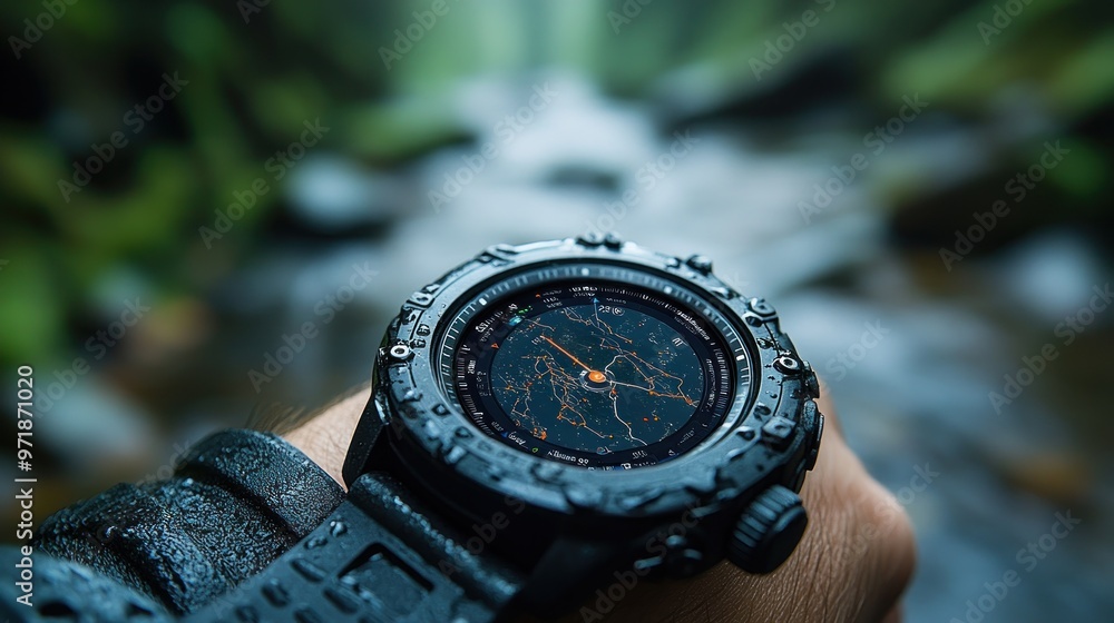 A close-up of a rugged watch displaying a map near a stream. A close-up of a rugged watch displaying a map near a stream.