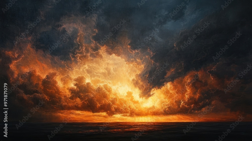 Fiery Sunset Clouds Over the Sea