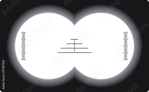 Binocular view with measuring scale, showing crosshairs for targeting on black background