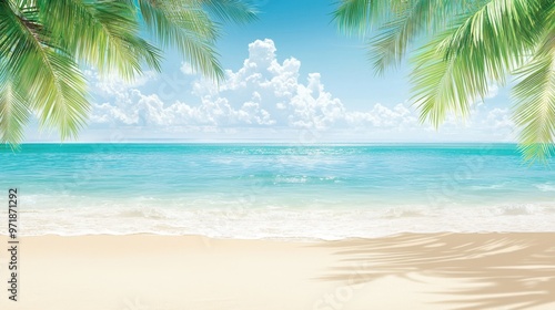 Tropical Beach with Palm Trees and Ocean Waves