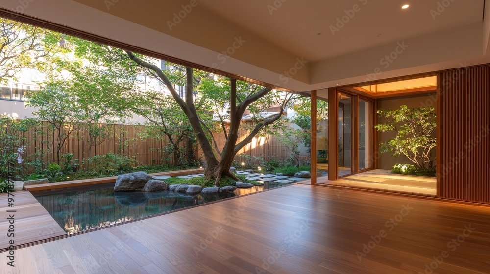 Modern Japanese Home Interior with View of Garden and Pond Modern Japanese Home Interior with View of Garden and Pond