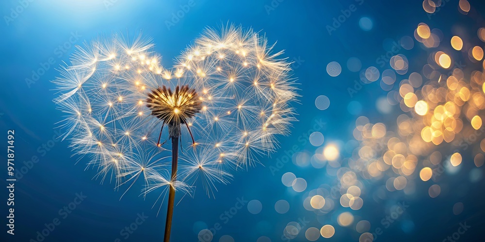 Heart-shaped dandelion with sparklers on blue background, romantic and whimsical image perfect for Valentine's Day and love-themed designs Heart-shaped dandelion with sparklers on blue background, romantic and whimsical image perfect for Valentine's Day and love-themed designs