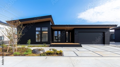 Modern Black House with Garage and Landscaping