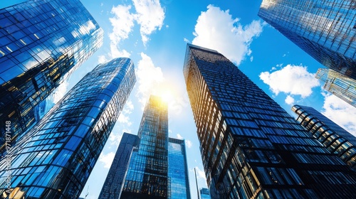 Modern Glass Skyscrapers Against Blue Sky with Clouds