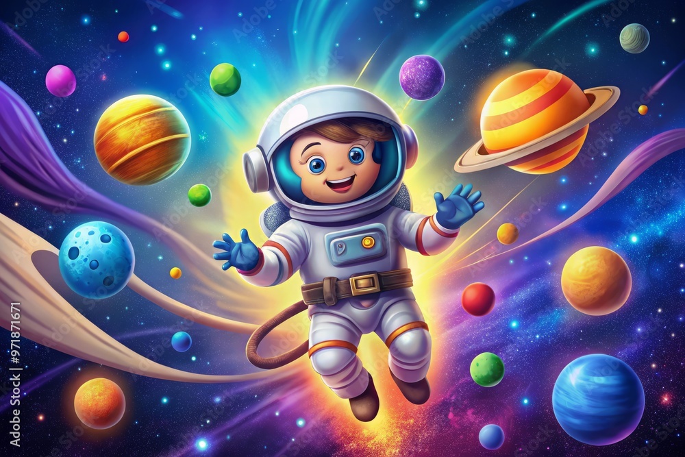 Naklejka premium Colorful cartoon astronaut in space suit and helmet, surrounded by stars, planets, and spaceships, against a vibrant