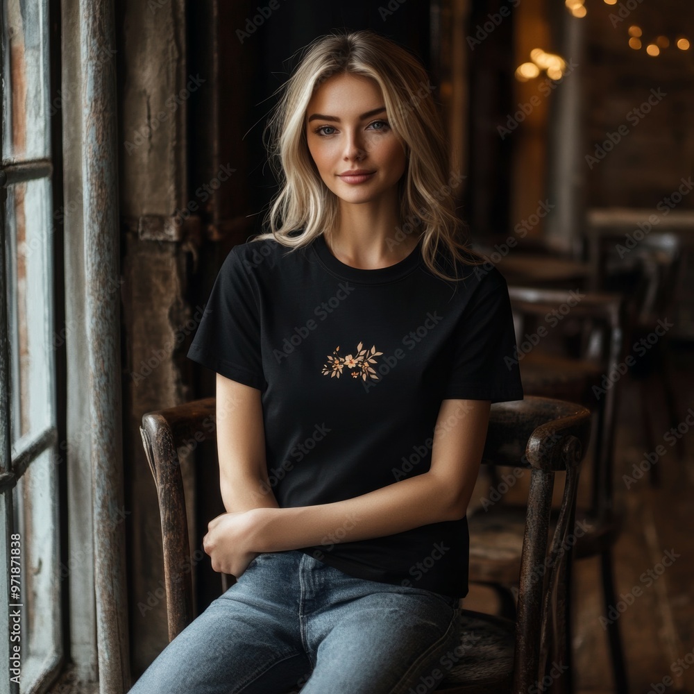 Fototapeta premium Beautiful Blonde Woman Wearing Black T Shirt with Floral Design Sitting on Vintage Chair