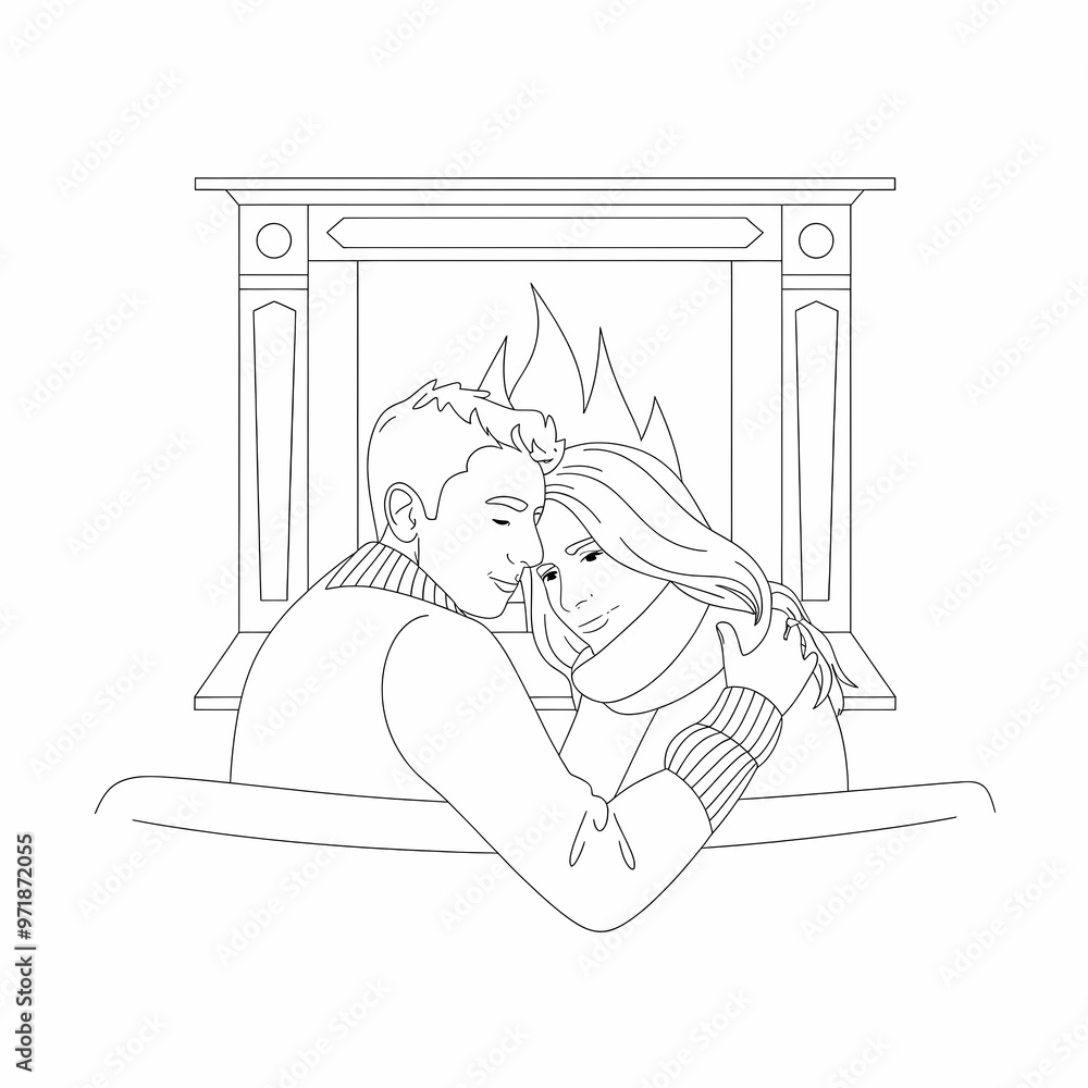 Two people cuddling by a fireplace, Flat illustration Two people cuddling by a fireplace, Flat illustration