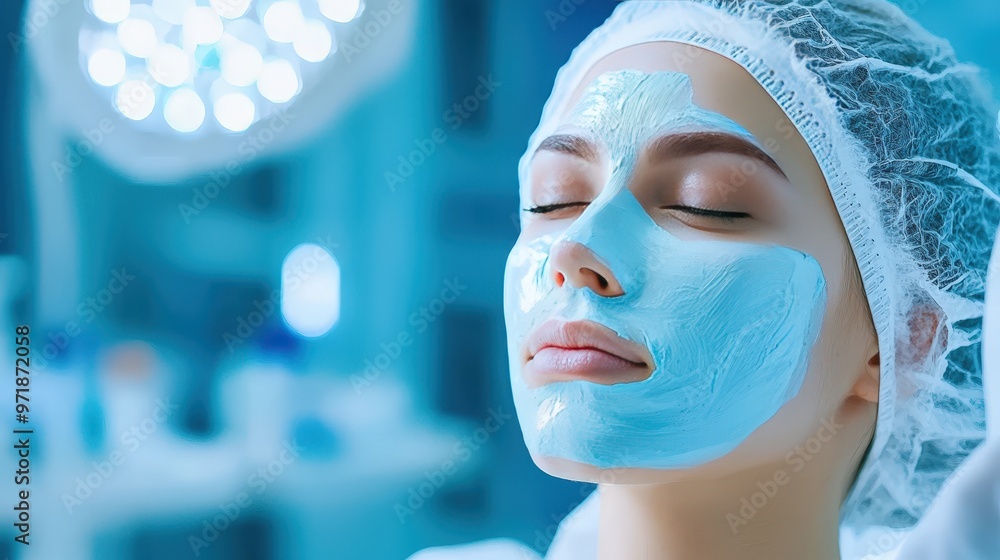 A close-up of a cosmetologist applying a facial mask in a modern clinic A close-up of a cosmetologist applying a facial mask in a modern clinic