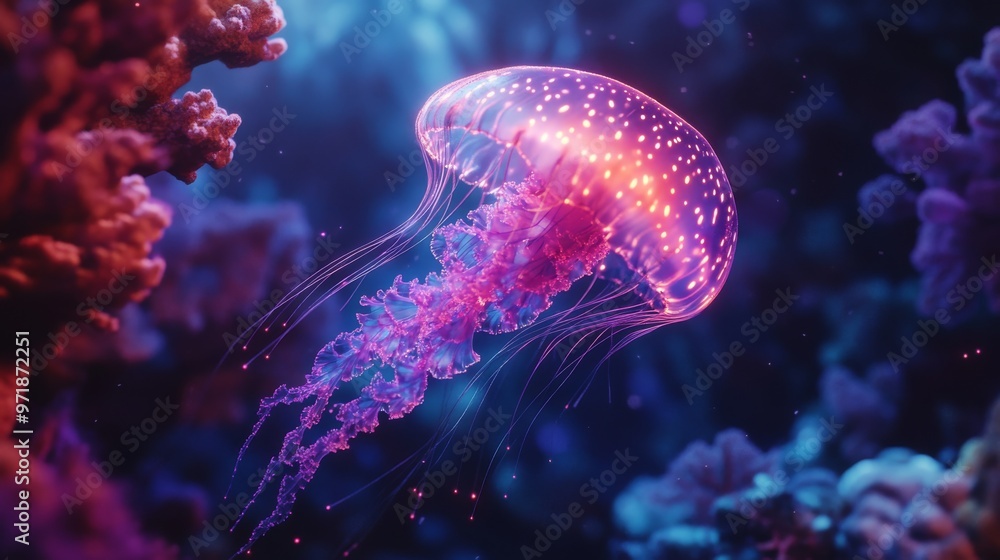 Obraz premium A bioluminescent jellyfish glides gracefully through an underwater realm, surrounded by glowing corals and exotic sea creatures