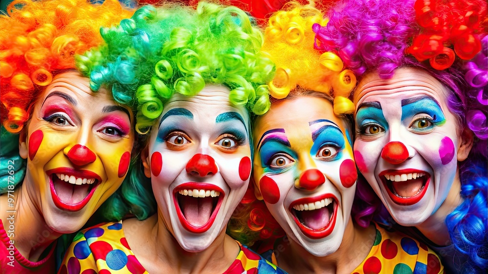 Colorful, exaggerated, and whimsical clown faces with bright red noses, painted-on smiles, and vibrant wigs, expressing a range of emotions from joy to mischief. Colorful, exaggerated, and whimsical clown faces with bright red noses, painted-on smiles, and vibrant wigs, expressing a range of emotions from joy to mischief.