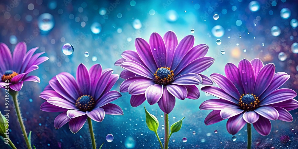 Obraz premium Vibrant painting of purple flowers on blue background with water droplets, perfect for botanical-themed designs