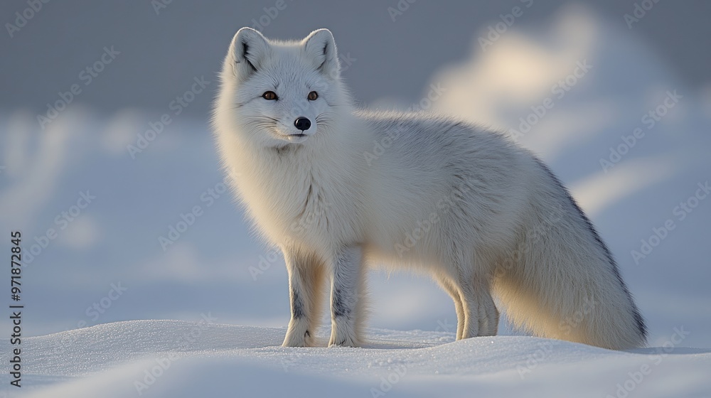 A solitary Arctic fox standing on snow in a serene winter landscape. A solitary Arctic fox standing on snow in a serene winter landscape.