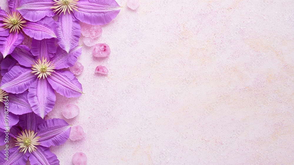 Obraz premium Pink Flowers and Crystal Salt on Pink Textured Background