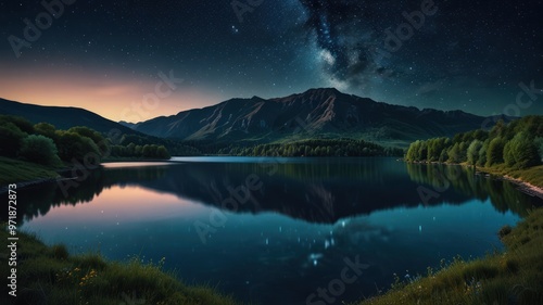 realistic landscape illustration of a lake, mountains, and a beautiful sky