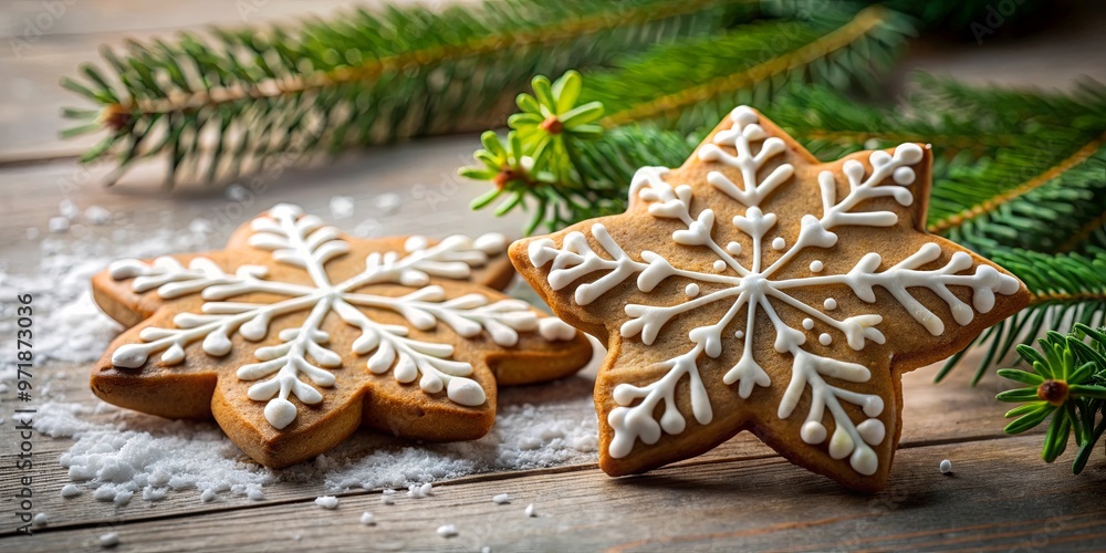 Two festive snowflake Christmas cookies on a table Two festive snowflake Christmas cookies on a table