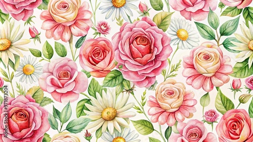 Watercolor painting of seamless rose and daisy floral pattern