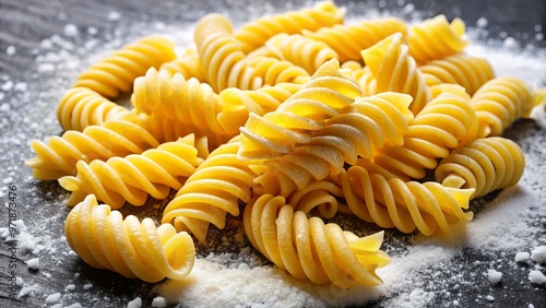 Tasty noodles twist into a playful spiral, daintily dusted with a snowy Parmesan sprinkle, radiating warmth and comfort photo