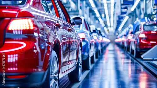 Red Cars on the Car Assembly Line in a Factory photo