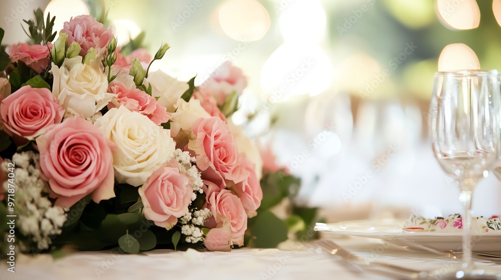 Fototapeta premium A wedding table setting with flowers and crystal glasses.