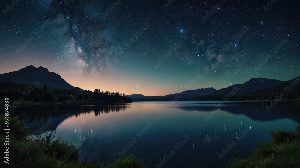 realistic landscape illustration of a lake, mountains, and a beautiful sky realistic landscape illustration of a lake, mountains, and a beautiful sky