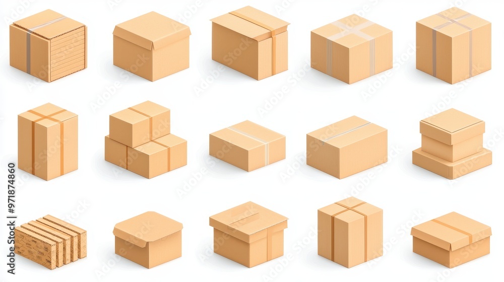 Fototapeta premium Cardboard Boxes Set Isometric View Shipping Package Delivery Package Design