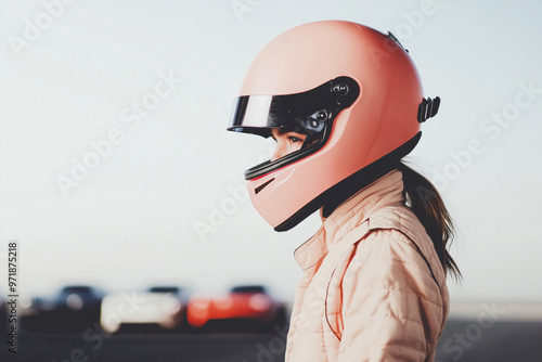 A girl wearing a pink helmet stands in front of a car photo