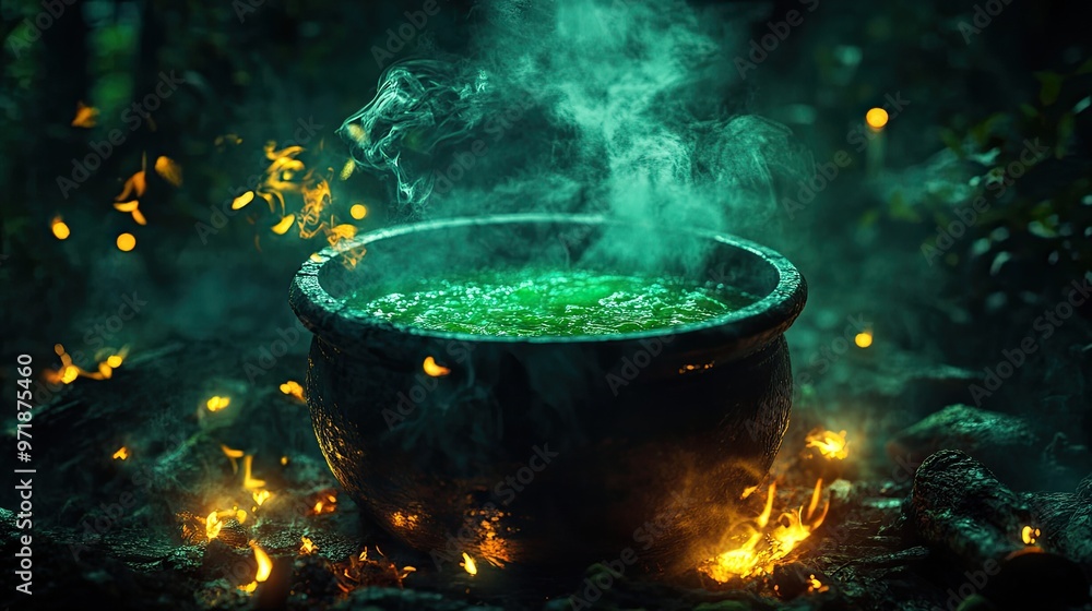 A large, steaming cauldron filled with glowing green potion sits in a dark, eerie forest, surrounded by candles and dim light. A large, steaming cauldron filled with glowing green potion sits in a dark, eerie forest, surrounded by candles and dim light.