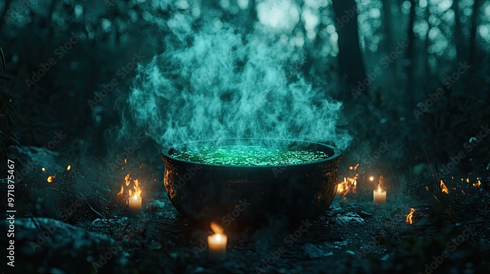 A large, steaming cauldron filled with glowing green potion sits in a dark, eerie forest, surrounded by candles and dim light. A large, steaming cauldron filled with glowing green potion sits in a dark, eerie forest, surrounded by candles and dim light.
